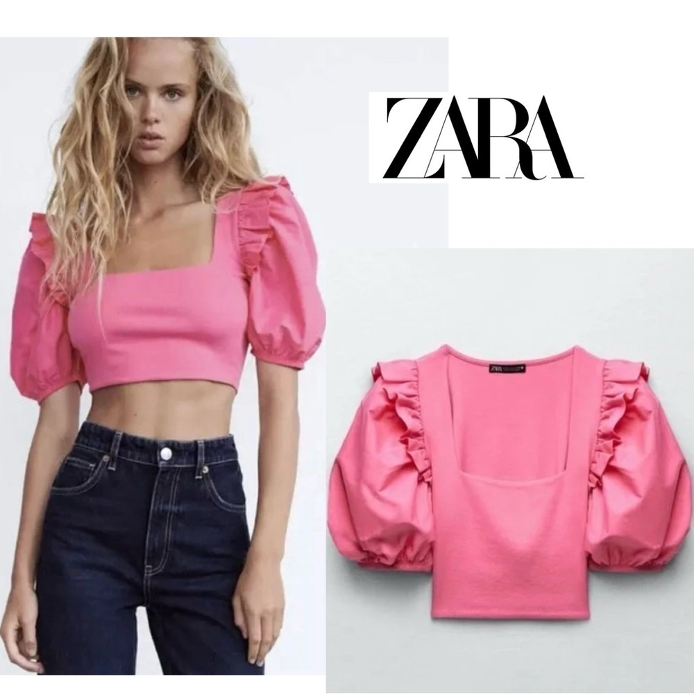 Zara pink ribbed short puff sleeve crop top L square neck NWOT new without tag